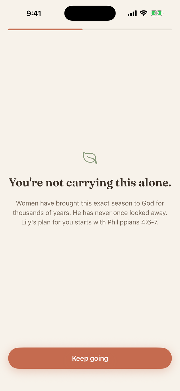 Lily onboarding screen: You are not carrying this alone