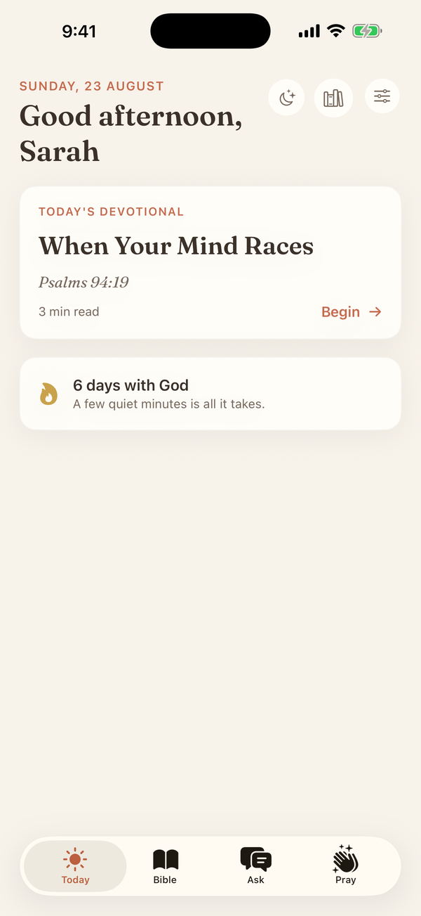 Lily's Today screen with a short daily devotional for Sarah