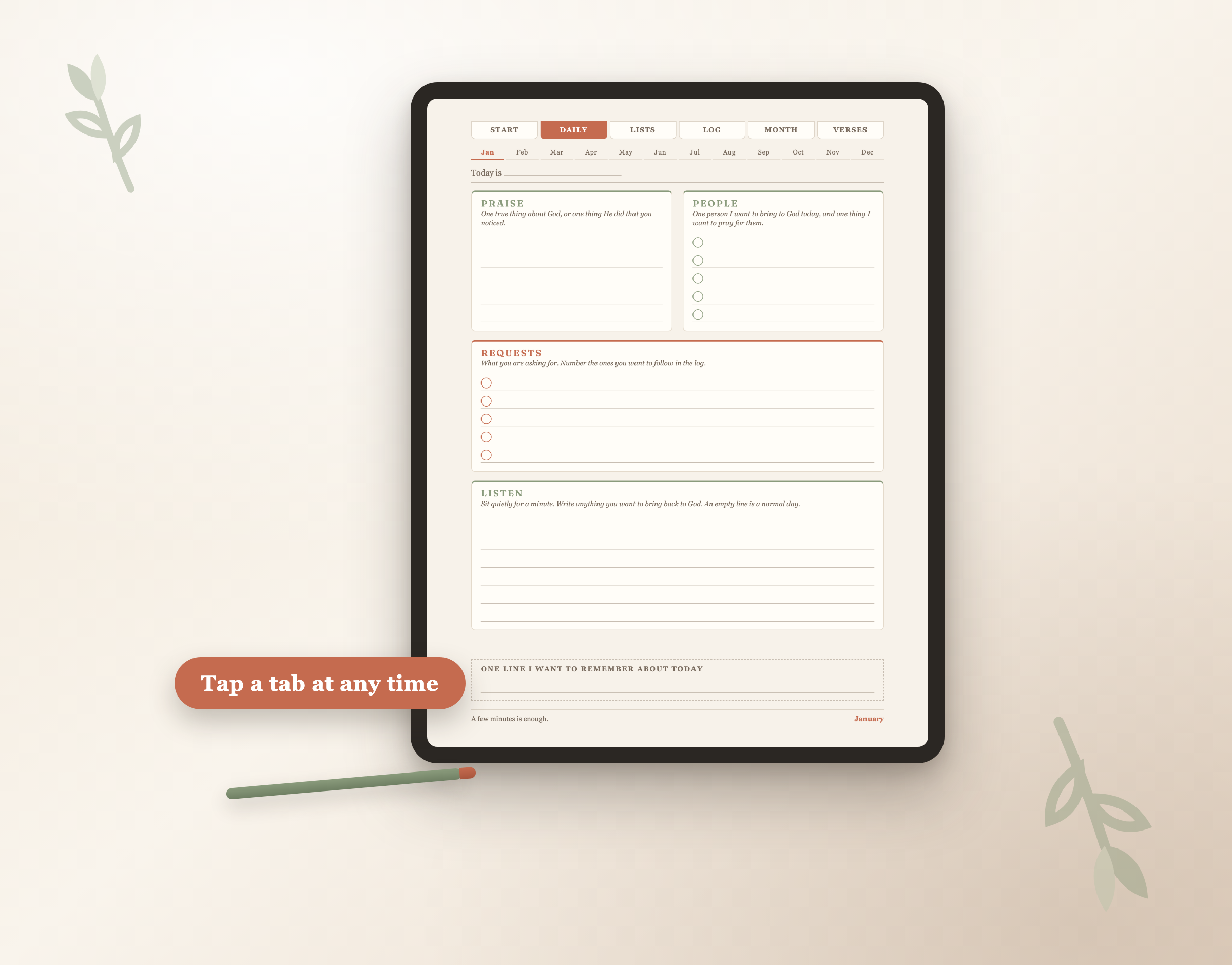 A daily prayer page on a tablet, with the six-tab strip readable at the bottom