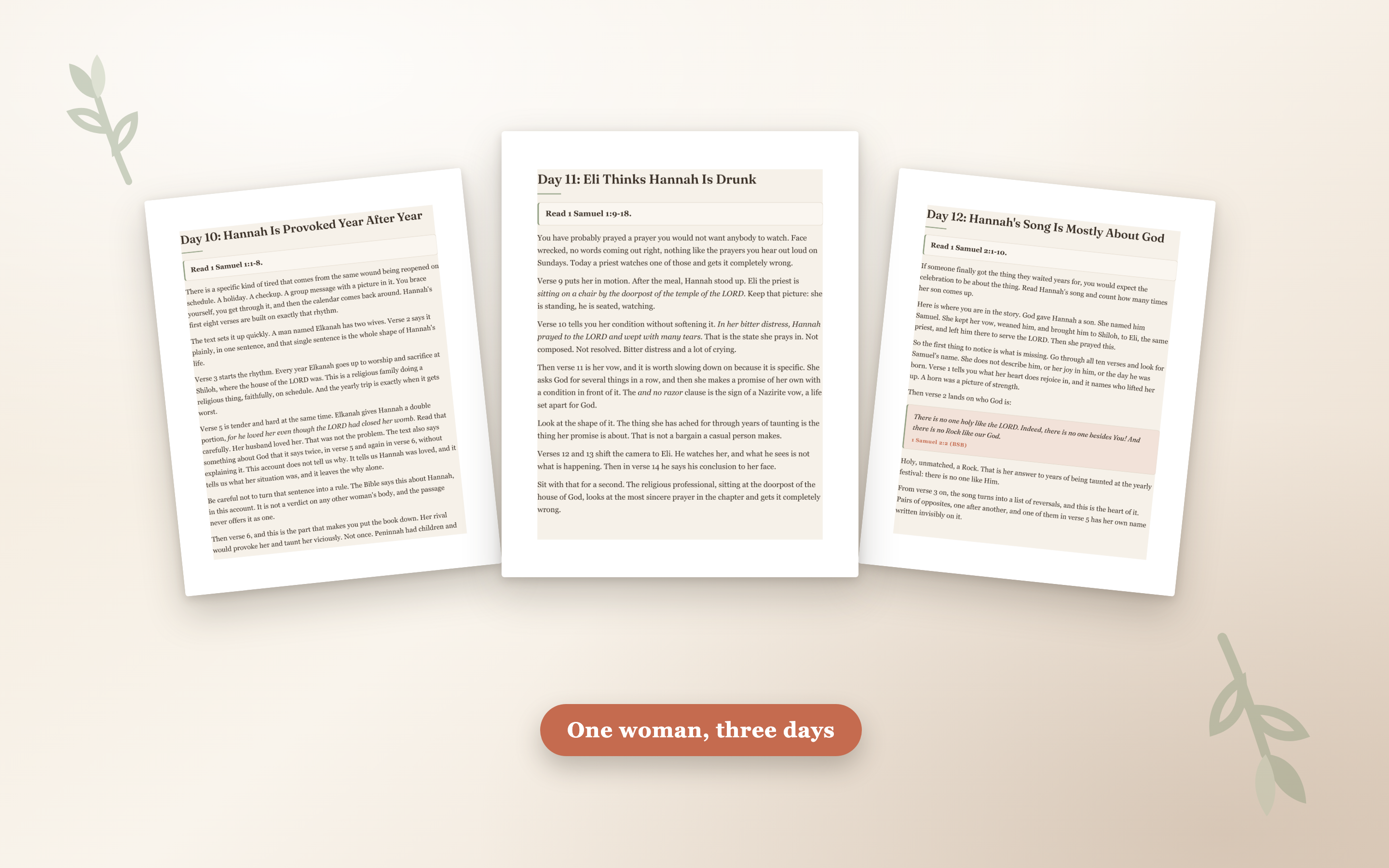 Three finished pages from the study: Hannah's three days, days 10 to 12